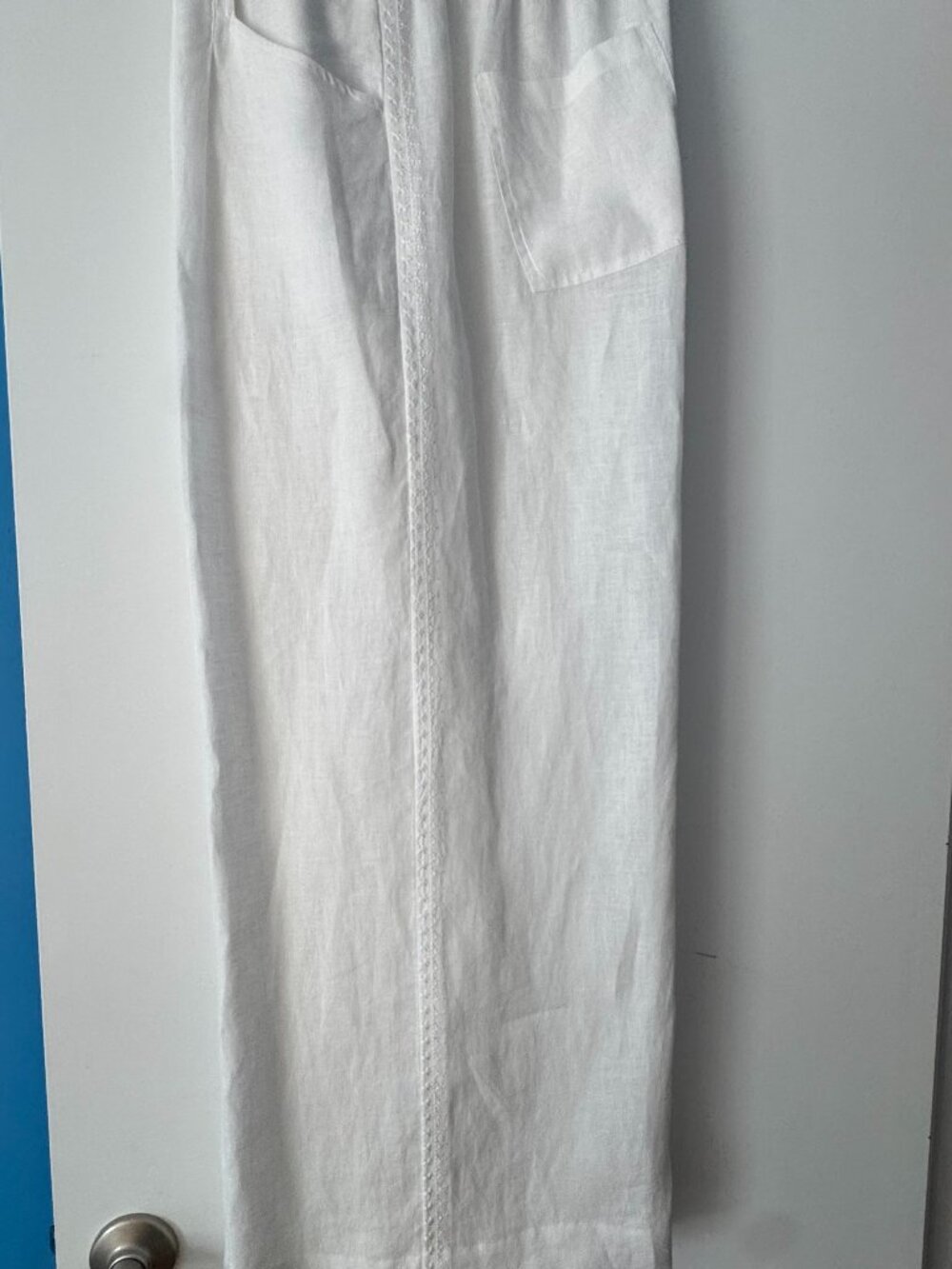 Johnny Was 100% linen wide-leg white pants with embroidery, size L